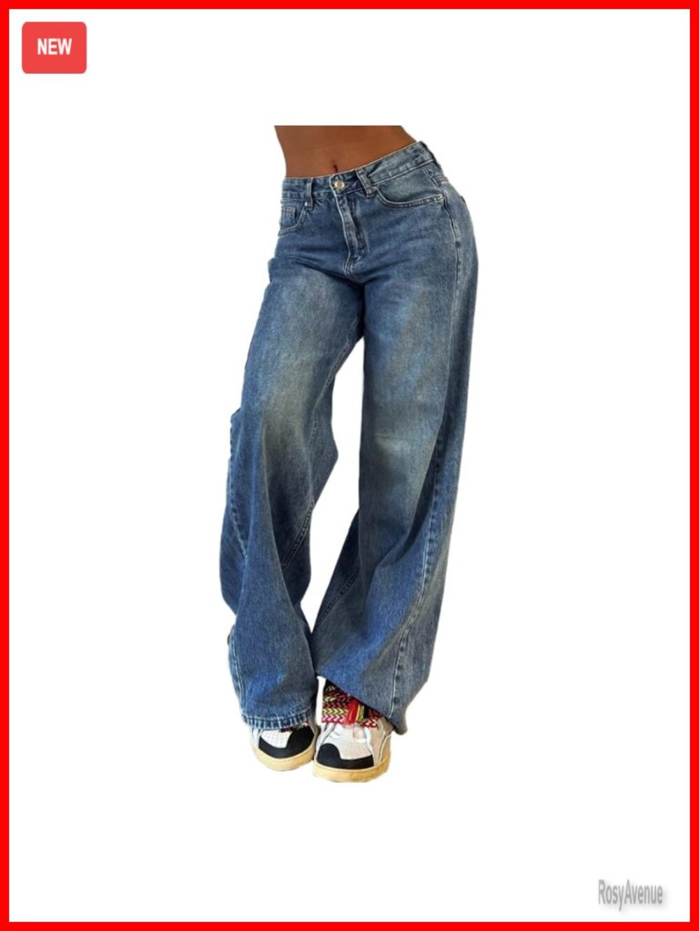 Wide Leg Mid Rise Denim Jeans Cotton Blend Zip Fly Five Pocket